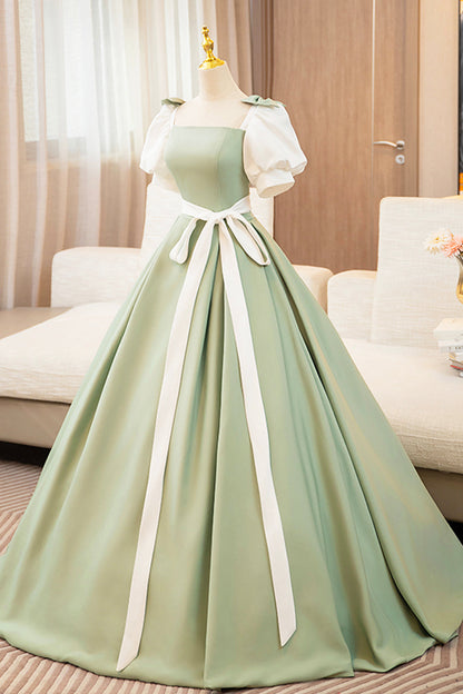 White and Green Long Prom Dress, Lovely A-Line Short Sleeve Evening Party Dress