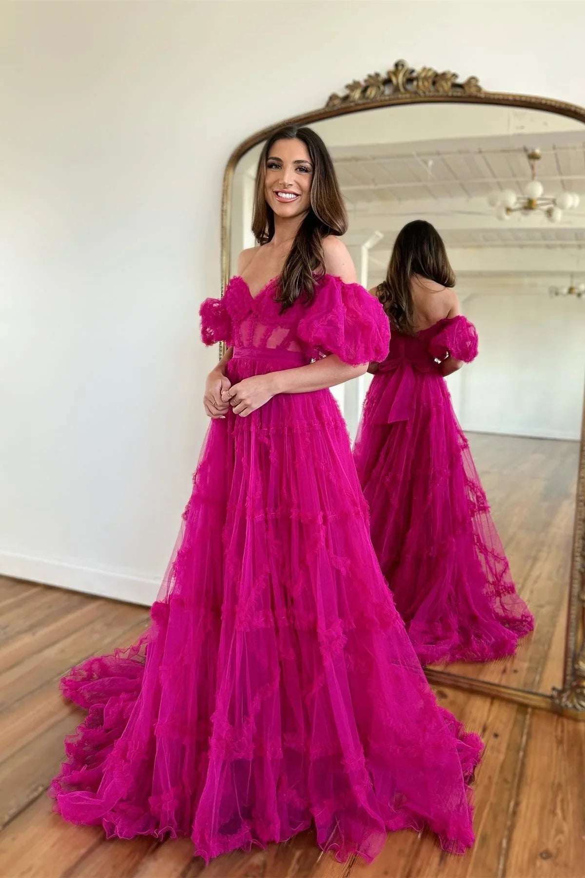Off The Shoulder Ruffles Pink Long Prom Dress Tulle Formal Gown