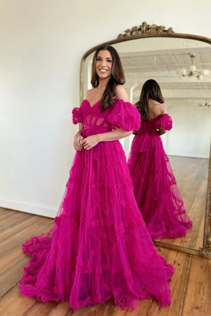 Off The Shoulder Ruffles Pink Long Prom Dress Tulle Formal Gown