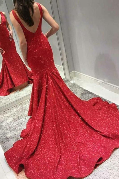 Glitter Sequin Burgundy Evening Dress Mermaid Train