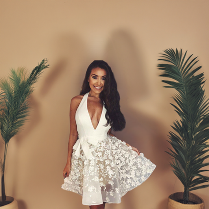 A-Line Ivory Lace Applique Halter Backless Homecoming Dresses