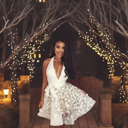 A-Line Ivory Lace Applique Halter Backless Homecoming Dresses
