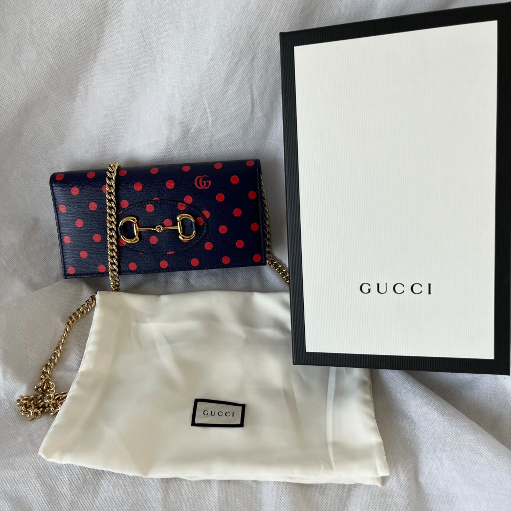 Gucci 1955 Horsebit Polka-Dot Leather Wallet on Chain