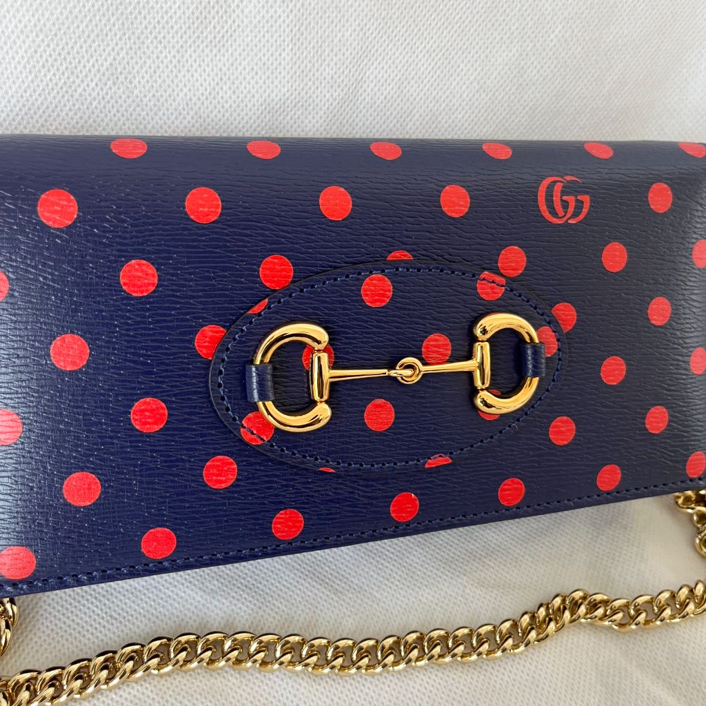 Gucci 1955 Horsebit Polka-Dot Leather Wallet on Chain