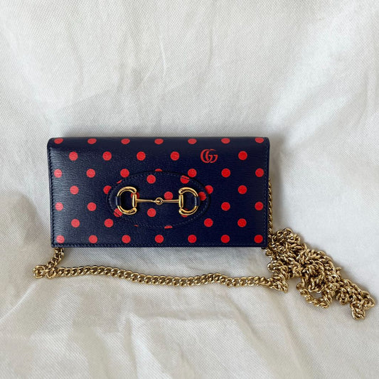 Gucci 1955 Horsebit Polka-Dot Leather Wallet on Chain