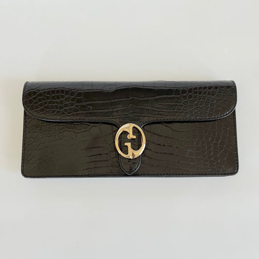 Gucci Brown Crocodile 1973 Flap Long Clutch