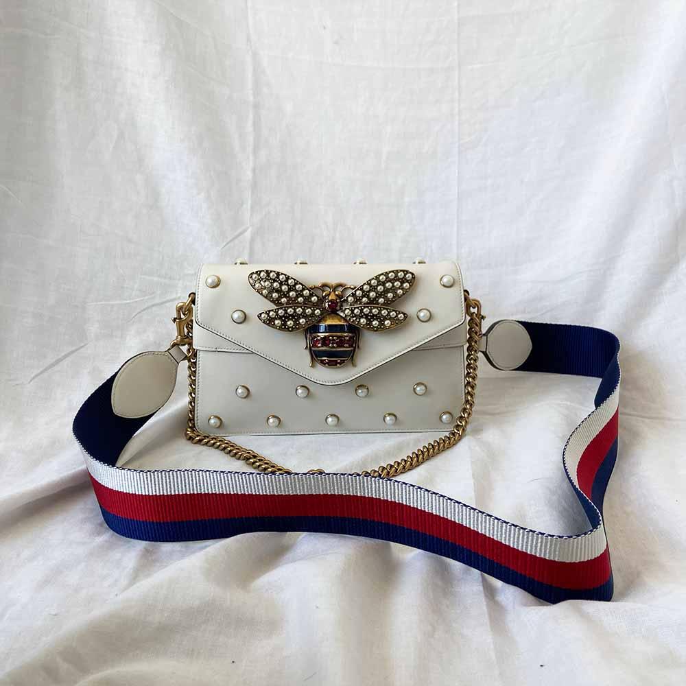 Gucci Off White Leather Broadway Pearly Bee Shoulder Bag