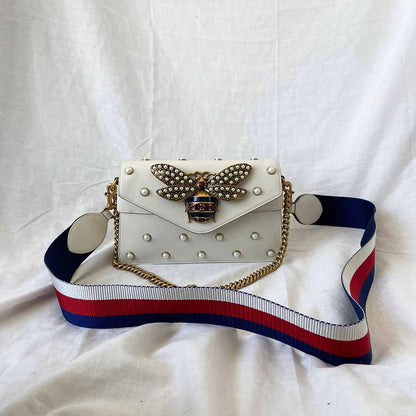 Gucci Off White Leather Broadway Pearly Bee Shoulder Bag