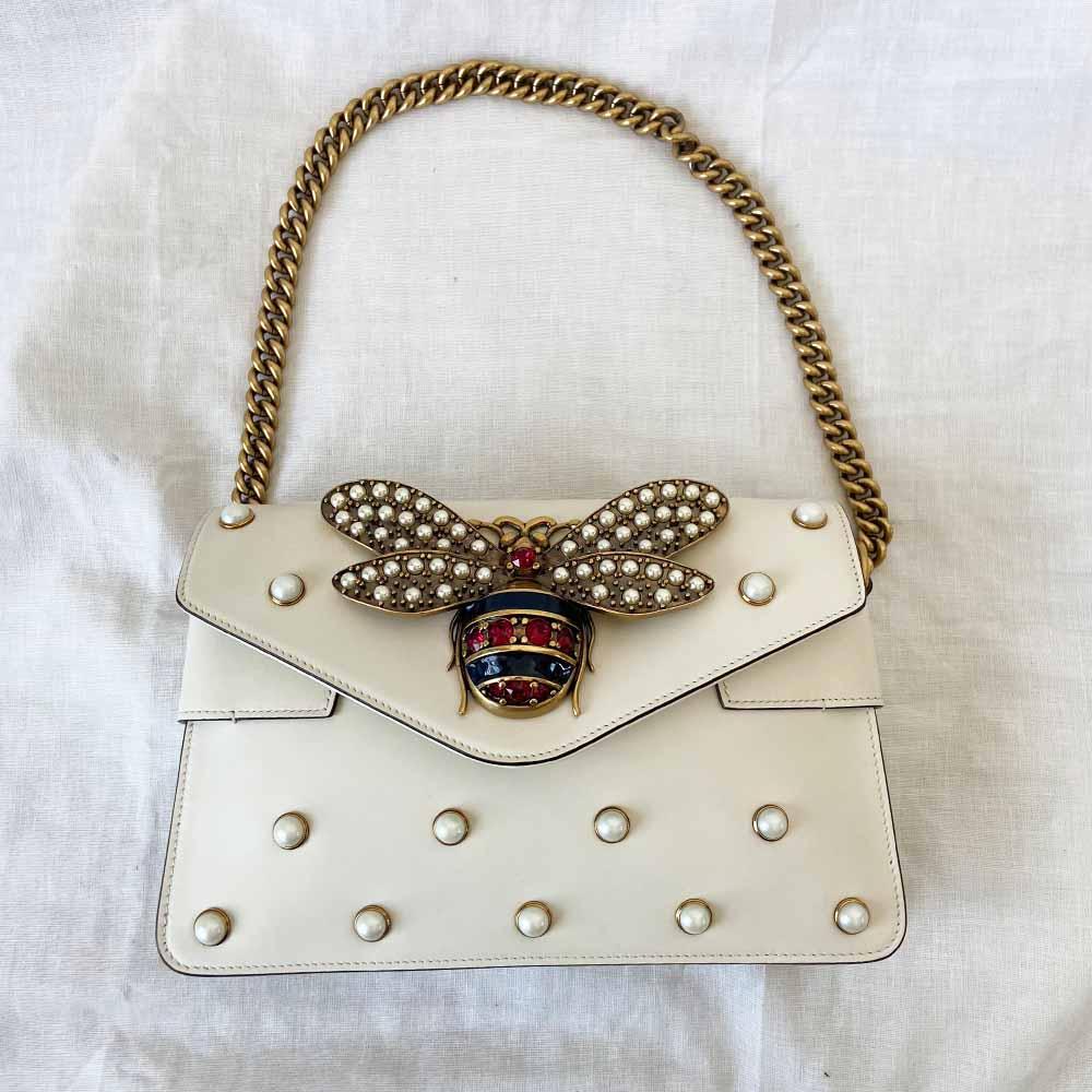 Gucci Off White Leather Broadway Pearly Bee Shoulder Bag
