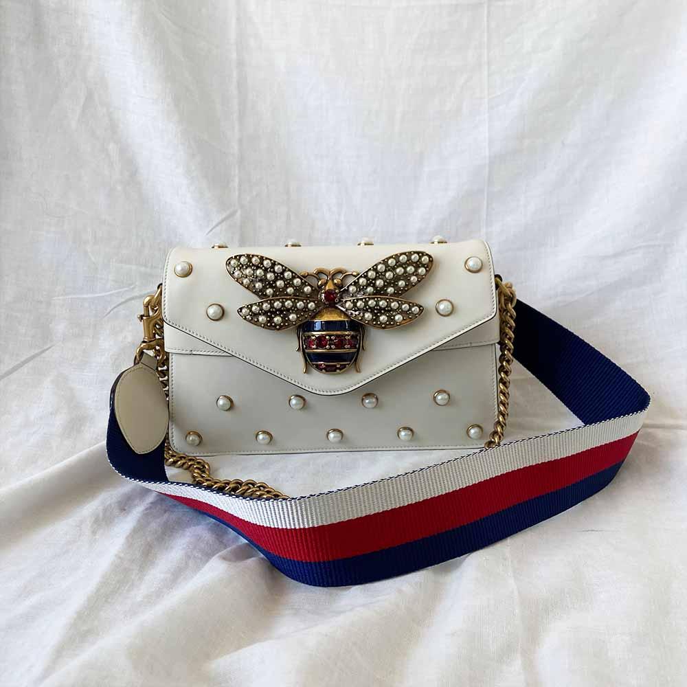 Gucci Off White Leather Broadway Pearly Bee Shoulder Bag
