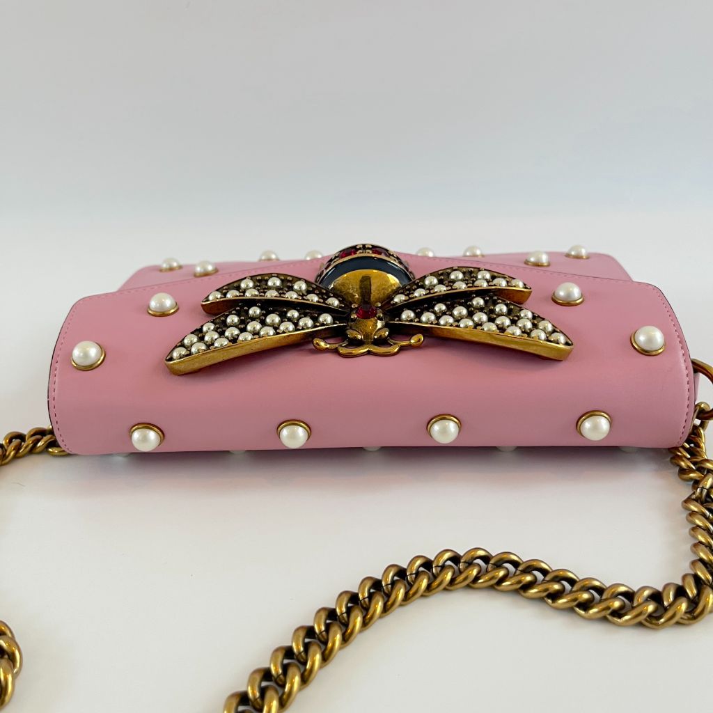 Gucci Pink Leather Broadway Pearly Bee Shoulder Bag