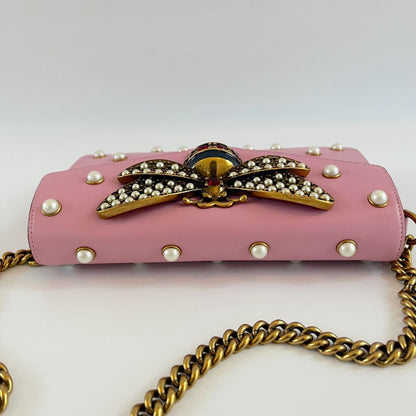 Gucci Pink Leather Broadway Pearly Bee Shoulder Bag