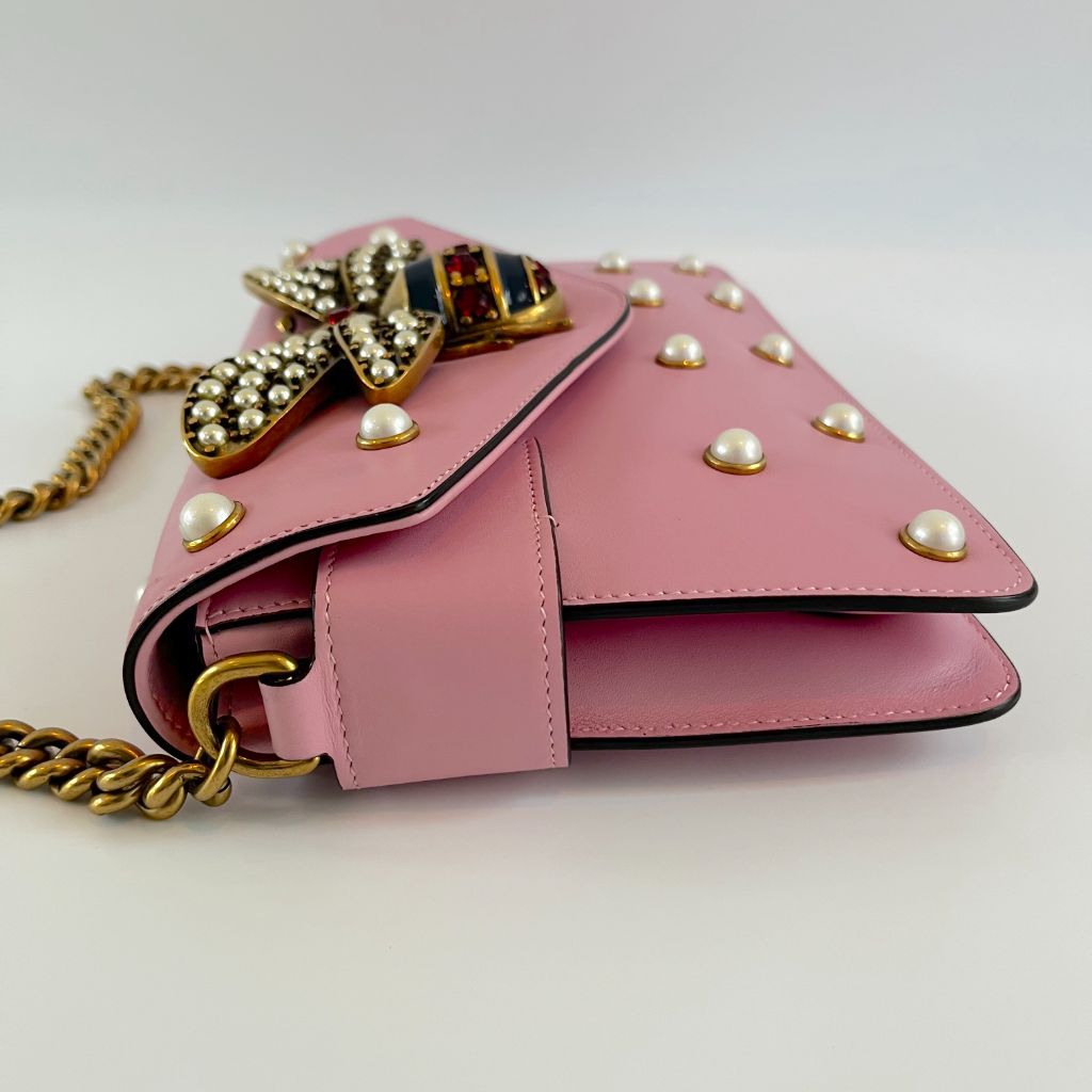 Gucci Pink Leather Broadway Pearly Bee Shoulder Bag