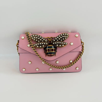 Gucci Pink Leather Broadway Pearly Bee Shoulder Bag