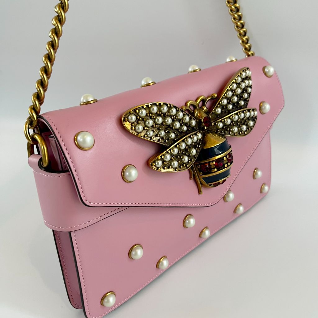 Gucci Pink Leather Broadway Pearly Bee Shoulder Bag