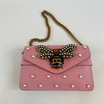 Gucci Pink Leather Broadway Pearly Bee Shoulder Bag
