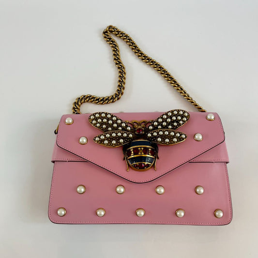 Gucci Pink Leather Broadway Pearly Bee Shoulder Bag