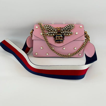 Gucci Pink Leather Broadway Pearly Bee Shoulder Bag