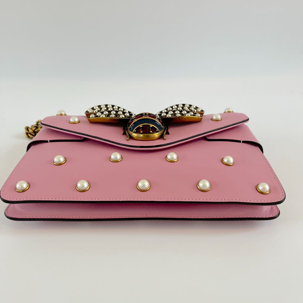 Gucci Pink Leather Broadway Pearly Bee Shoulder Bag