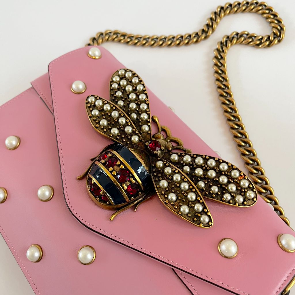 Gucci Pink Leather Broadway Pearly Bee Shoulder Bag
