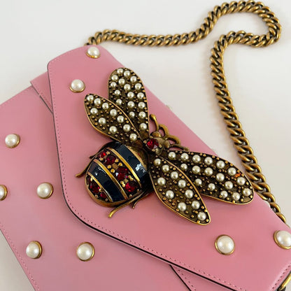 Gucci Pink Leather Broadway Pearly Bee Shoulder Bag