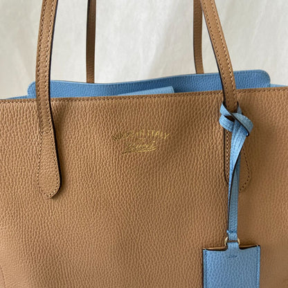 Gucci Tan and Blue Leather Swing Tote Bag