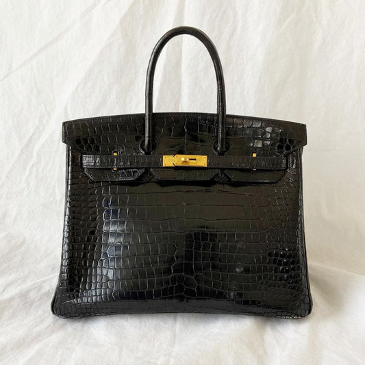 Hermès Black Shiny Porosus Crocodile Leather Gold Hardware Birkin 35 Bag