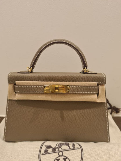 Hermes Kelly 20 Mini Sellier Bag Etoupe Limited Edition Epsom Gold Hardware