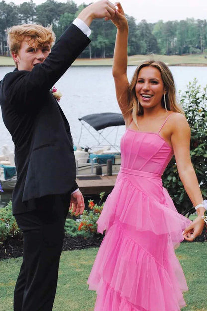 PM095,Pink Spaghetti Straps Floor Length Prom Dress With Ruffles, Tulle Formal Gown