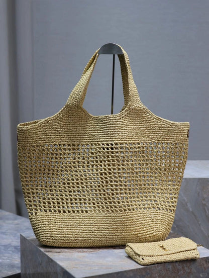 SAINT LAURENT ICARE IN RAFFIA NATUREL AND BROWN GOLD