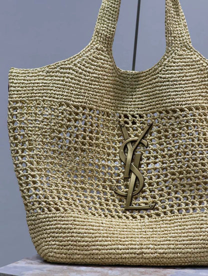 SAINT LAURENT ICARE IN RAFFIA NATUREL AND BROWN GOLD