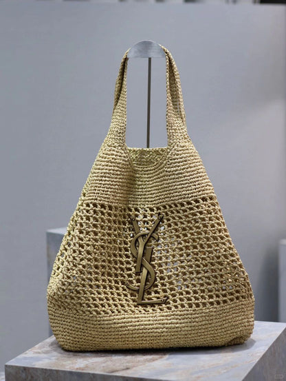 SAINT LAURENT ICARE IN RAFFIA NATUREL AND BROWN GOLD