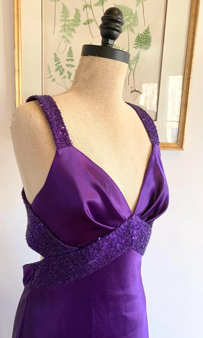 Purple Retro Fashion V-neck Elegant Exquisite Sequined Long Floor Length Satin Ball Gown Evening Dress Party; Dress gh3448