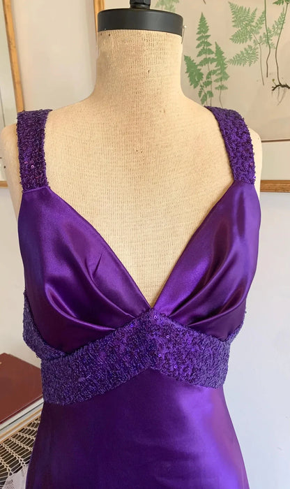 Purple Retro Fashion V-neck Elegant Exquisite Sequined Long Floor Length Satin Ball Gown Evening Dress Party; Dress gh3448