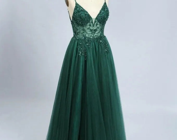 Emerald green beautiful V neck exquisite beading spaghetti straps long tulle handmade custom ball gown evening dress party dress gh2341