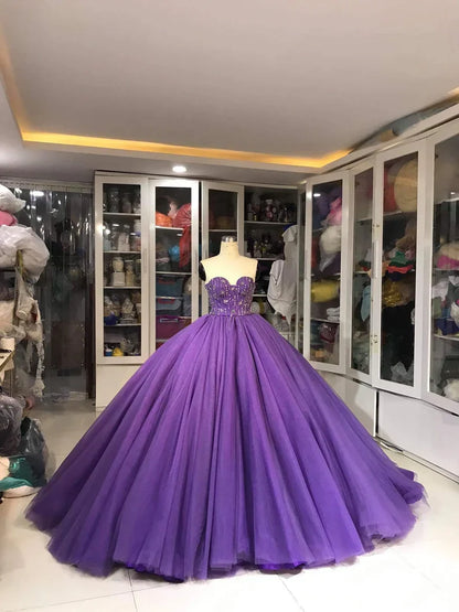 Purple Gorgeous Exquisite Beaded Long Tulle Fashion Ball Gown Evening Dress gh3568