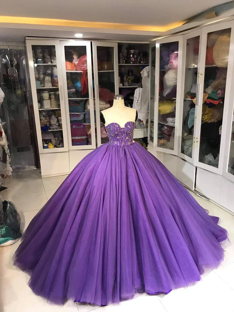 Purple Gorgeous Exquisite Beaded Long Tulle Fashion Ball Gown Evening Dress gh3568