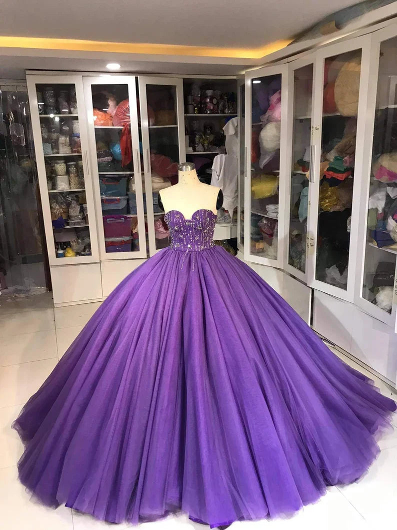 Purple Gorgeous Exquisite Beaded Long Tulle Fashion Ball Gown Evening Dress gh3568