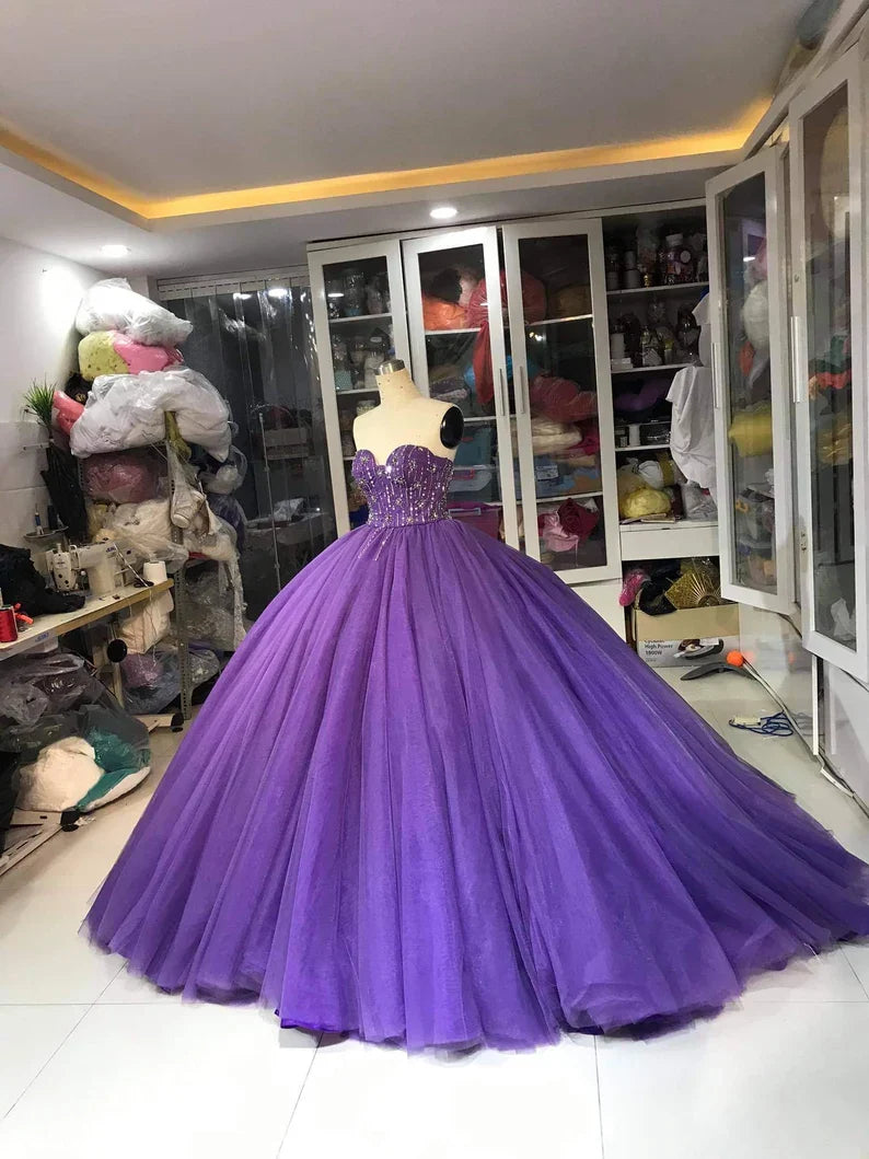 Purple Gorgeous Exquisite Beaded Long Tulle Fashion Ball Gown Evening Dress gh3568
