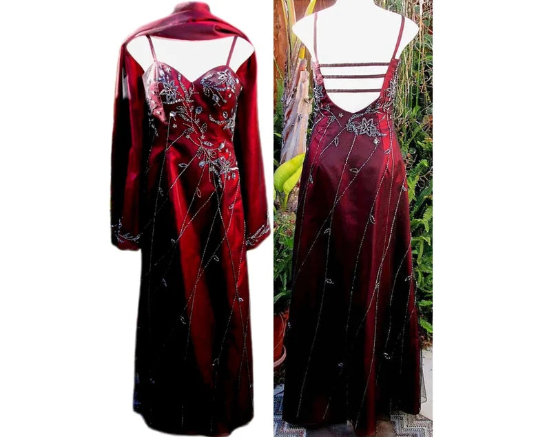 Burgundy Gorgeous Vintage Fashion Elegant Exquisite Beaded Long Satin Ball Gown Evening Dress Party Dress Matching Shawl gh3427