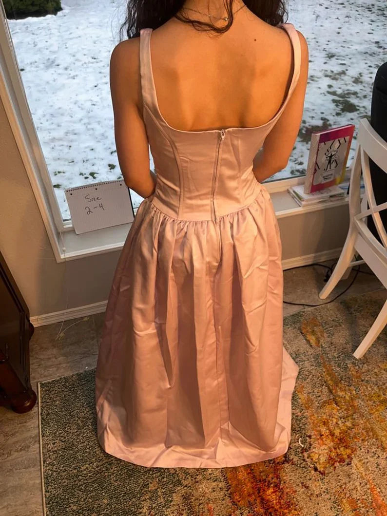 Light Pink Retro Fashion Elegant Square Neck A-Line Long Satin Princess Ball Gown Evening Dress Party Dress gh3554