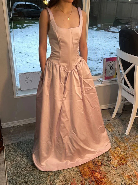 Light Pink Retro Fashion Elegant Square Neck A-Line Long Satin Princess Ball Gown Evening Dress Party Dress gh3554