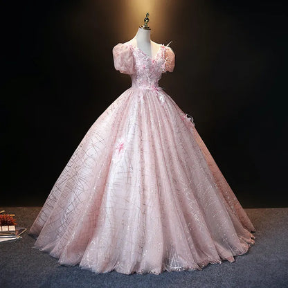 Pink Ball Gown Puff Sleeve Appliques Sequins Tulle Prom Dress SH1665