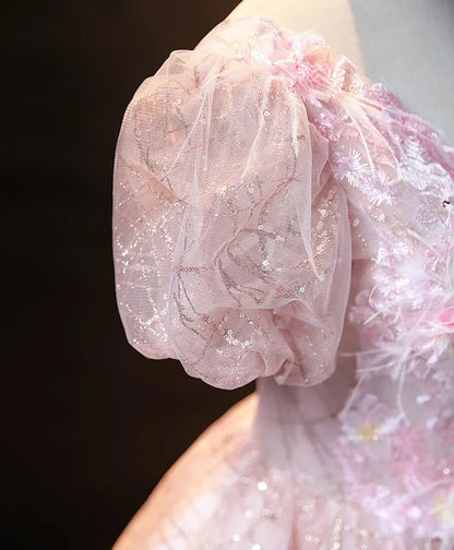 Pink Ball Gown Puff Sleeve Appliques Sequins Tulle Prom Dress SH1665