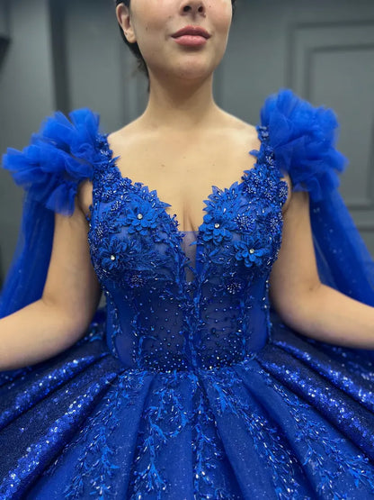 Blue gorgeous exquisite beading long elegant tulle ball gown evening dress gh3582