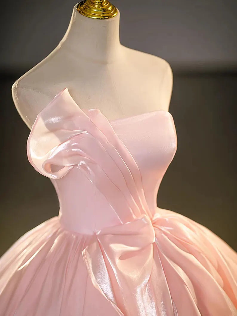 Elegant Strapless Light Pink Satin Ball Gown Prom Dress SH1662
