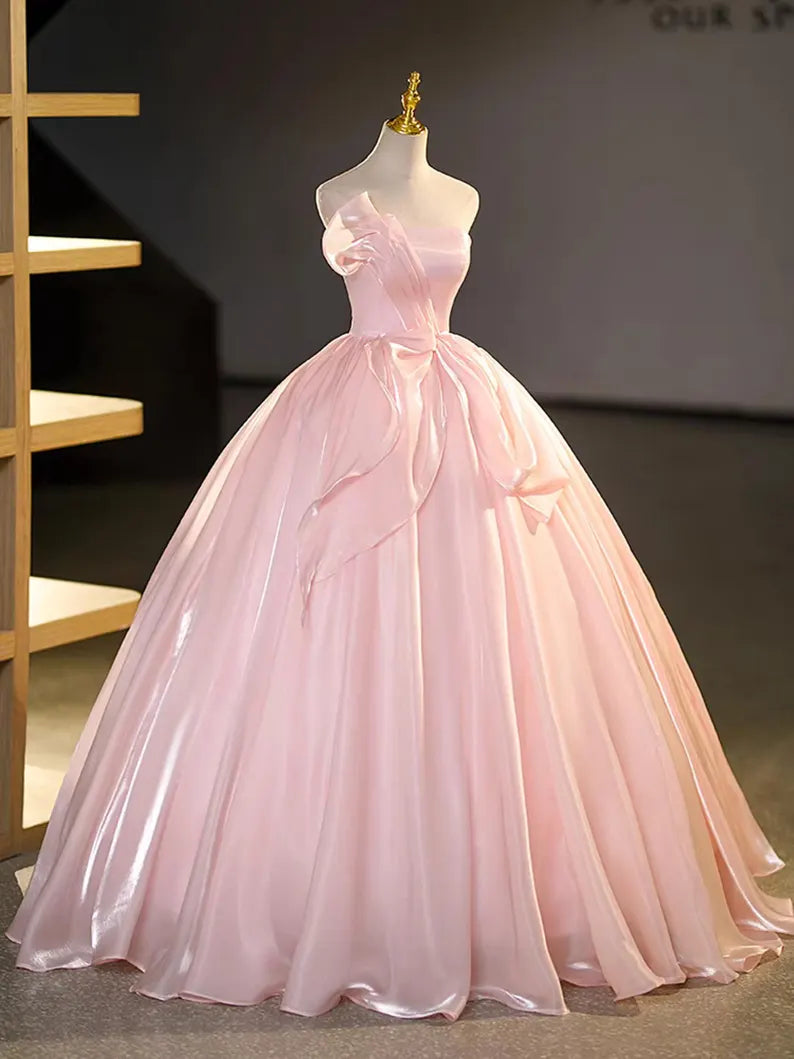 Elegant Strapless Light Pink Satin Ball Gown Prom Dress SH1662