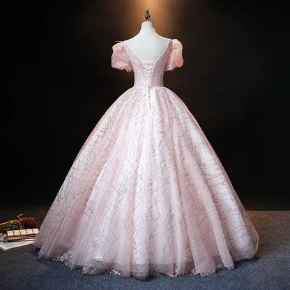 Pink Ball Gown Puff Sleeve Appliques Sequins Tulle Prom Dress SH1665