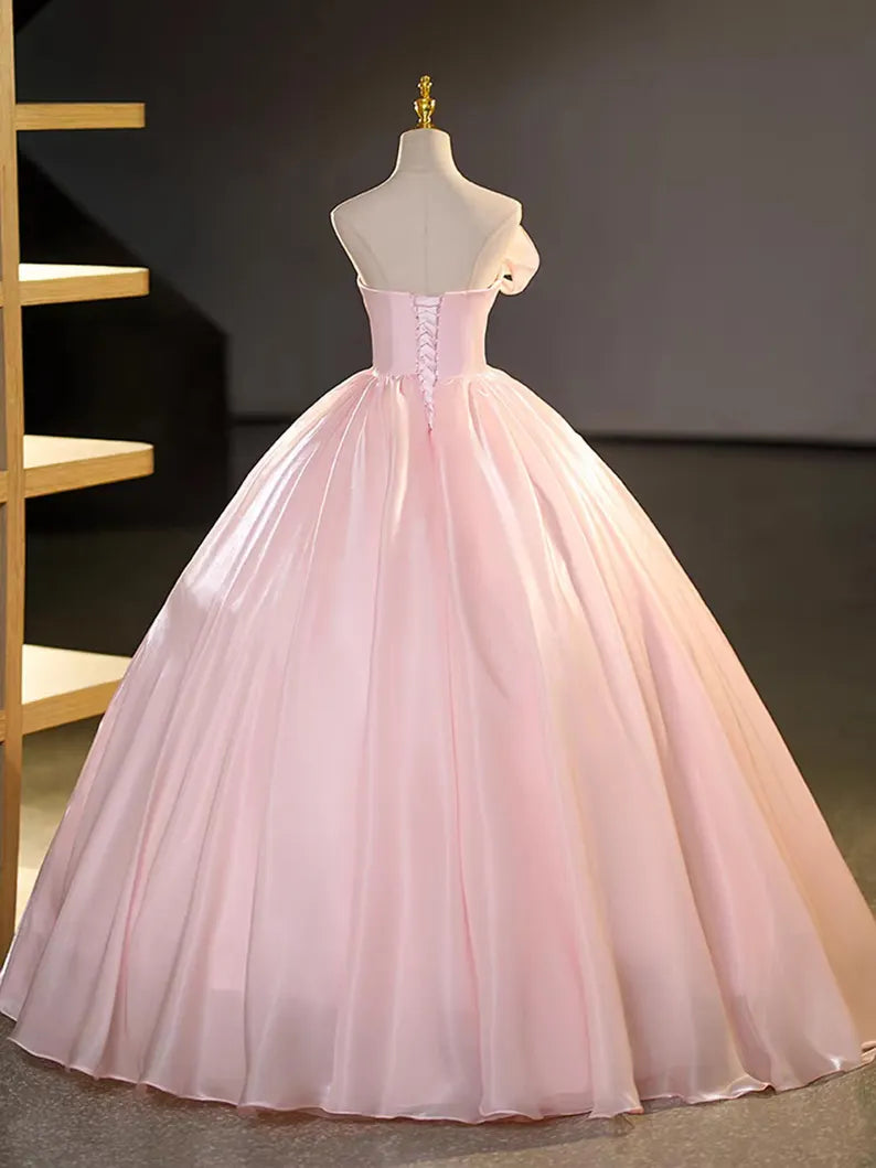 Elegant Strapless Light Pink Satin Ball Gown Prom Dress SH1662