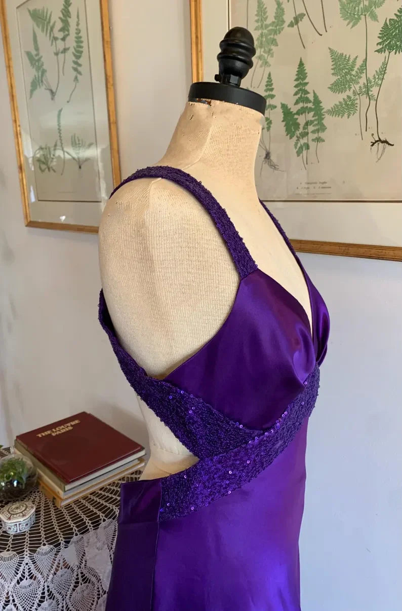 Purple Retro Fashion V-neck Elegant Exquisite Sequined Long Floor Length Satin Ball Gown Evening Dress Party; Dress gh3448